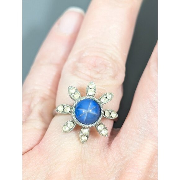 Vintage Vogue Faux Blue Star Sapphire Rhinestone Ring Silver Tone Size 6 - Picture 8 of 8
